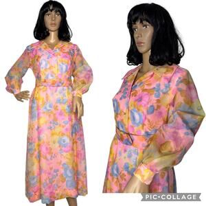 Vintage OOAK handmade pink floral midi belted collared dress small
